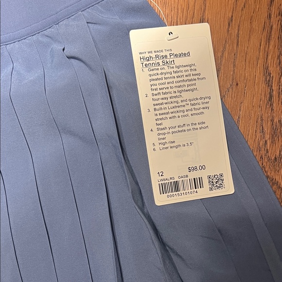 lululemon athletica Dresses & Skirts - NWT! Size 12 - Lululemon Blue High Rise Pleated Tennis Skirt